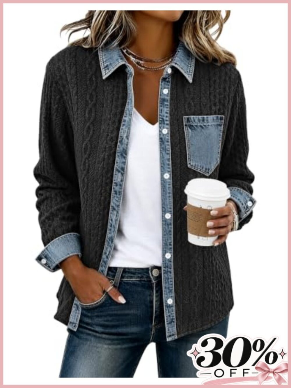 Women's Denim Patchwork Button Down Shacket Loose Fit Casual Jacket